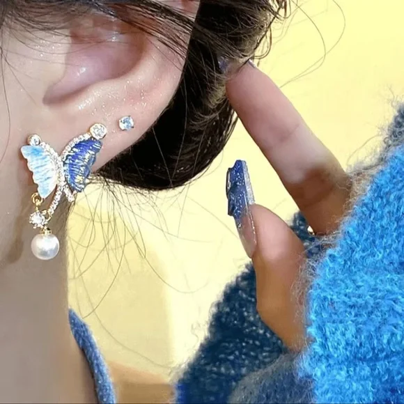 NEW Asymmetrical Butterflies Pearl S925 Earrings - Picture 3 of 6